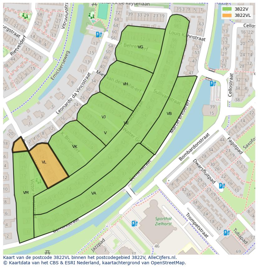 Afbeelding van het postcodegebied 3822 VL op de kaart.
