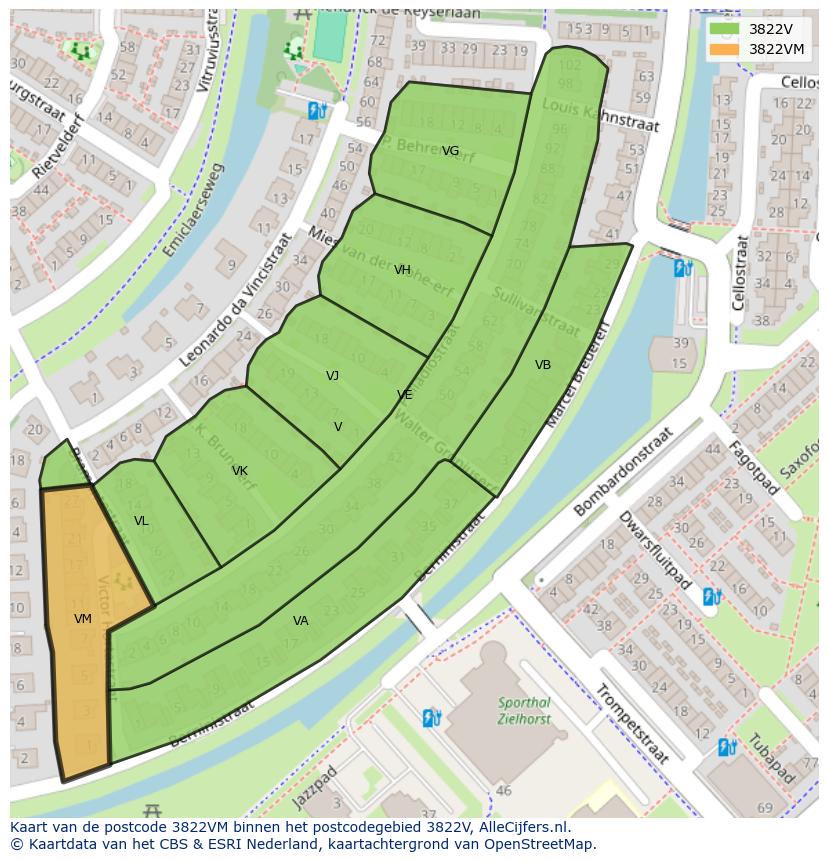 Afbeelding van het postcodegebied 3822 VM op de kaart.