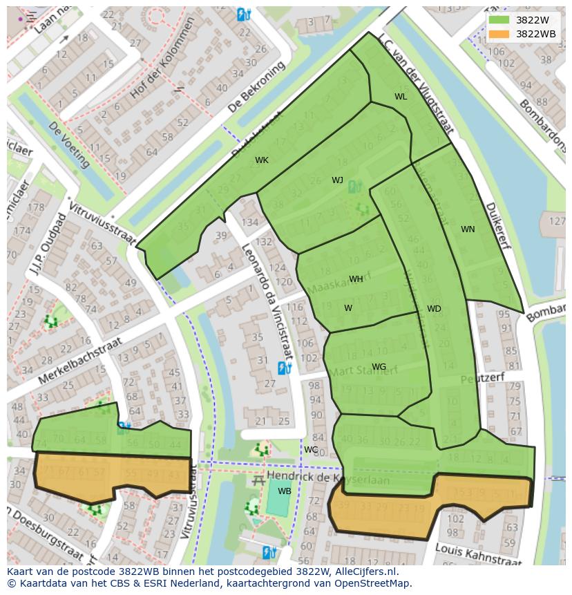 Afbeelding van het postcodegebied 3822 WB op de kaart.