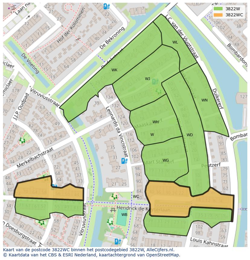 Afbeelding van het postcodegebied 3822 WC op de kaart.