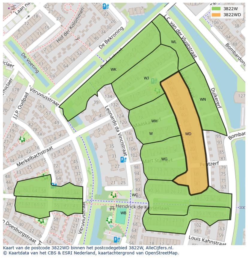 Afbeelding van het postcodegebied 3822 WD op de kaart.