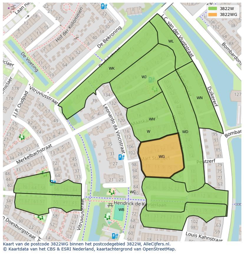 Afbeelding van het postcodegebied 3822 WG op de kaart.