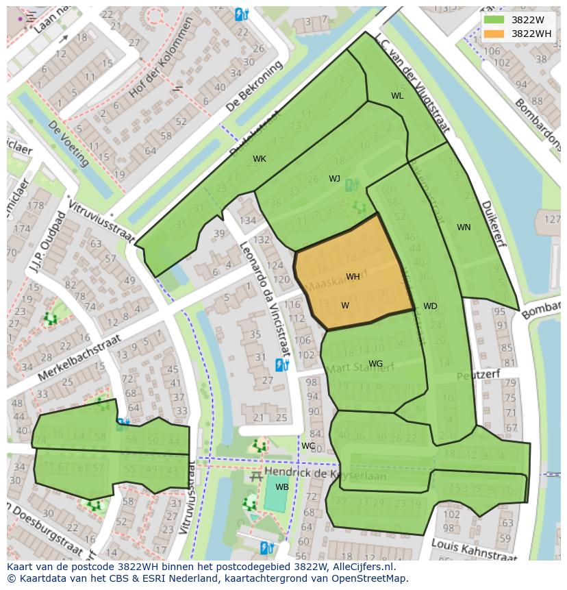 Afbeelding van het postcodegebied 3822 WH op de kaart.