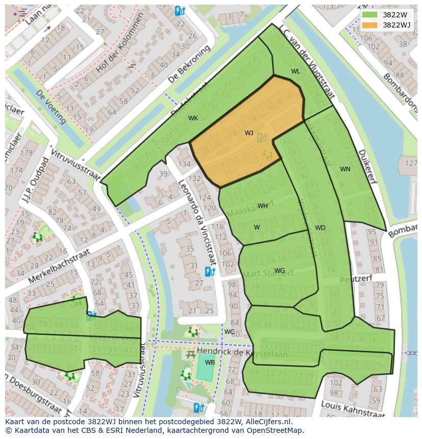 Afbeelding van het postcodegebied 3822 WJ op de kaart.