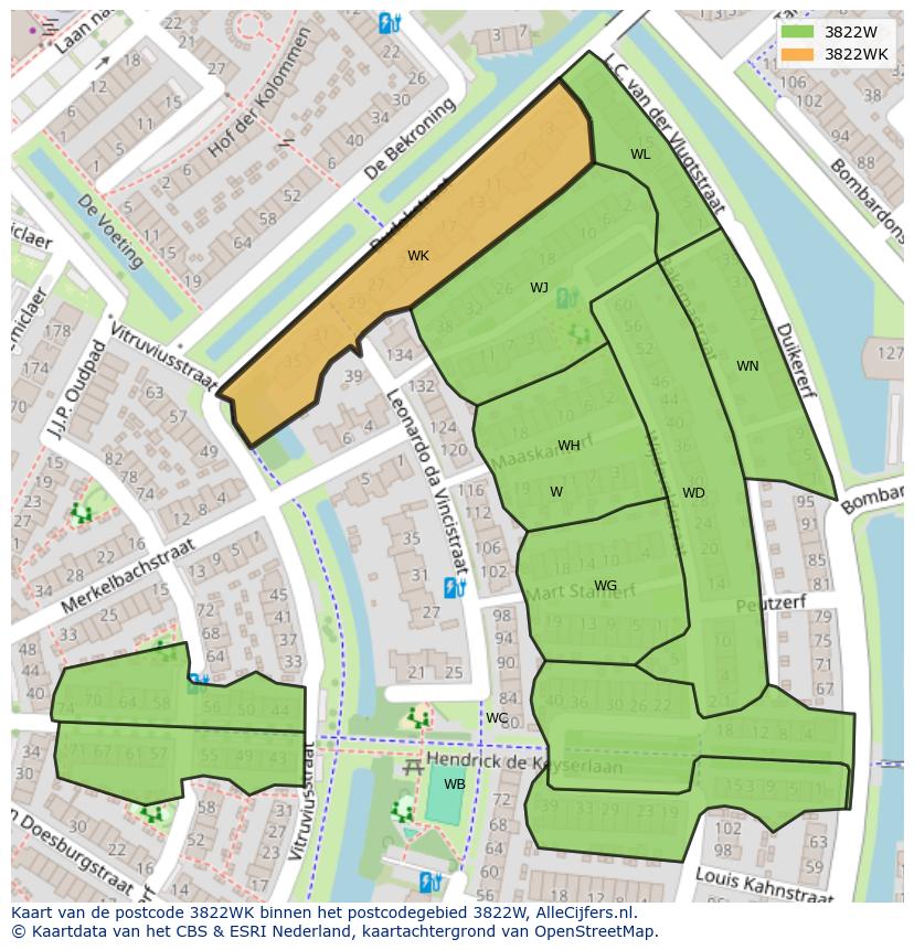 Afbeelding van het postcodegebied 3822 WK op de kaart.