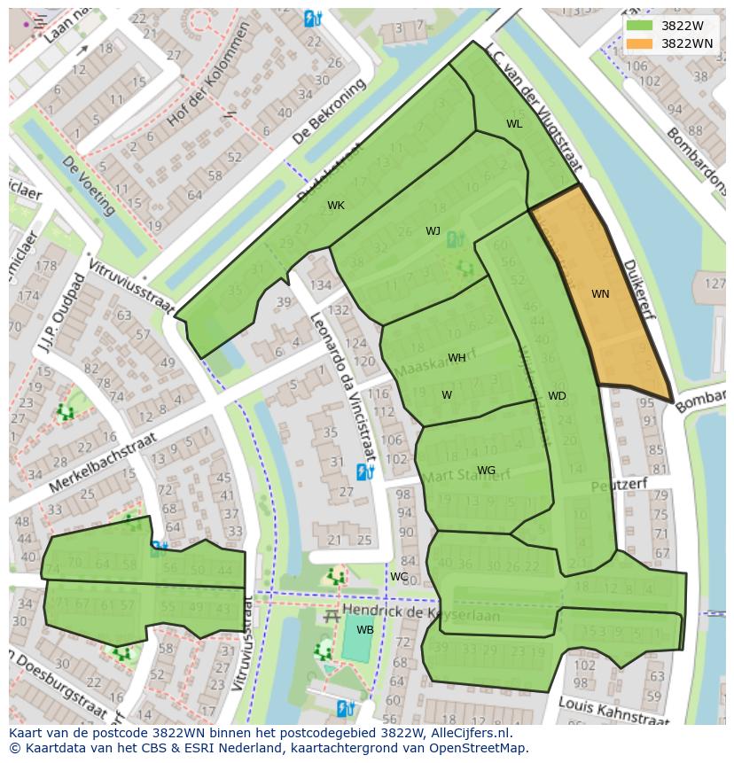 Afbeelding van het postcodegebied 3822 WN op de kaart.