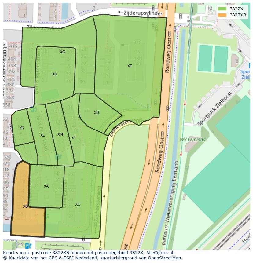 Afbeelding van het postcodegebied 3822 XB op de kaart.