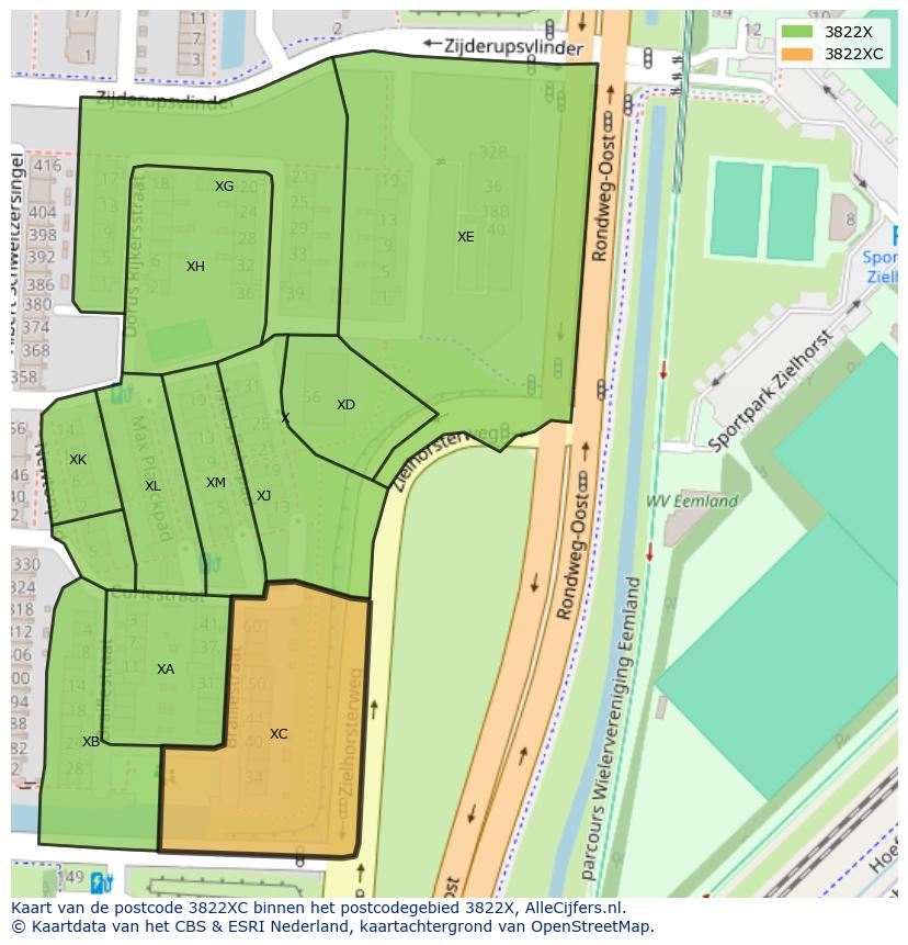 Afbeelding van het postcodegebied 3822 XC op de kaart.