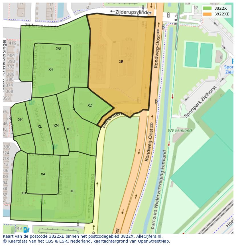 Afbeelding van het postcodegebied 3822 XE op de kaart.