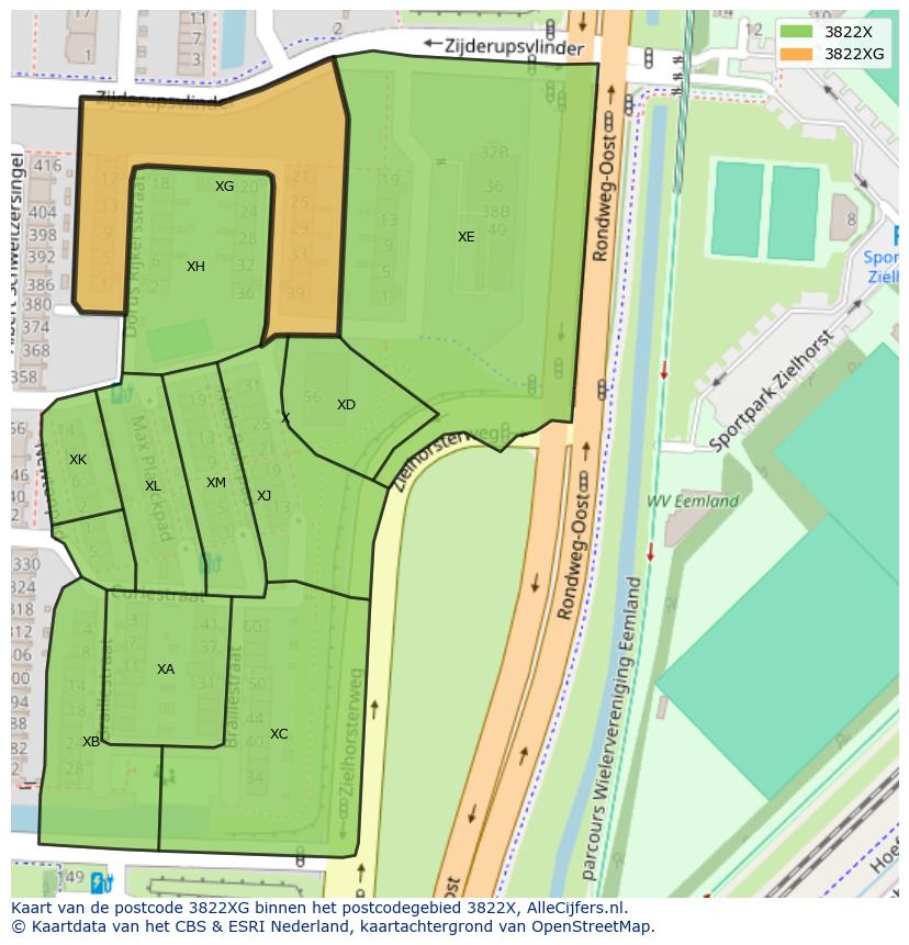 Afbeelding van het postcodegebied 3822 XG op de kaart.