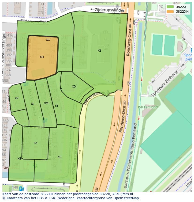 Afbeelding van het postcodegebied 3822 XH op de kaart.