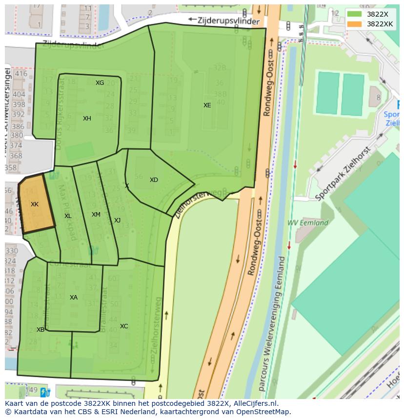 Afbeelding van het postcodegebied 3822 XK op de kaart.
