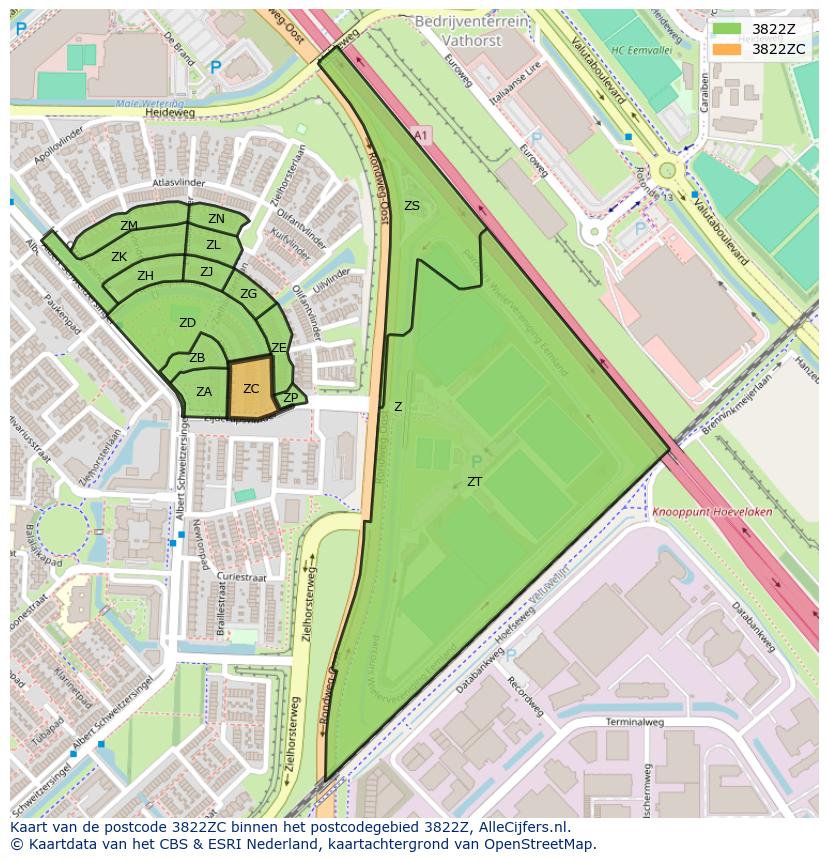 Afbeelding van het postcodegebied 3822 ZC op de kaart.