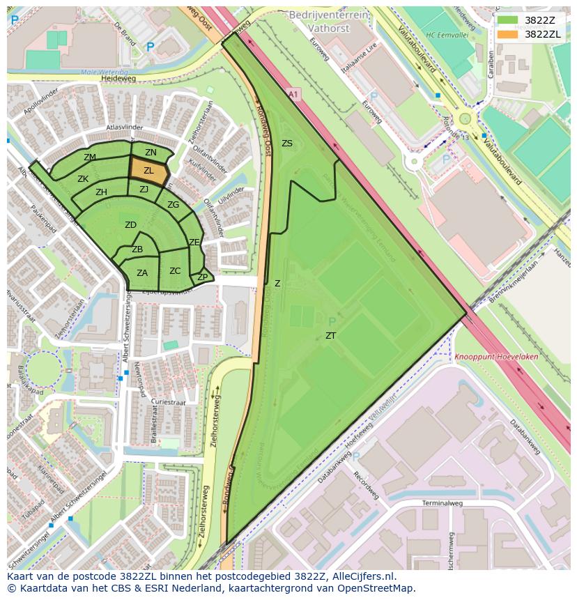 Afbeelding van het postcodegebied 3822 ZL op de kaart.
