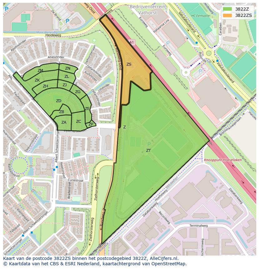 Afbeelding van het postcodegebied 3822 ZS op de kaart.
