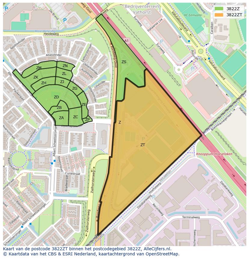 Afbeelding van het postcodegebied 3822 ZT op de kaart.
