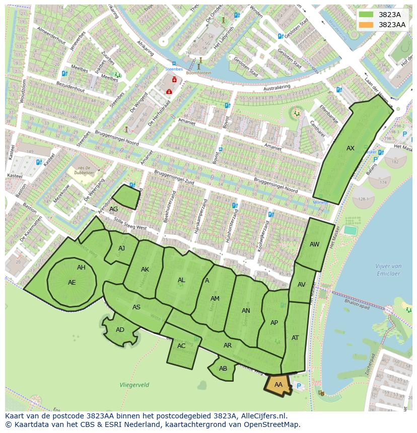 Afbeelding van het postcodegebied 3823 AA op de kaart.