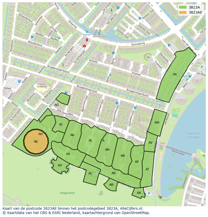 Afbeelding van het postcodegebied 3823 AE op de kaart.