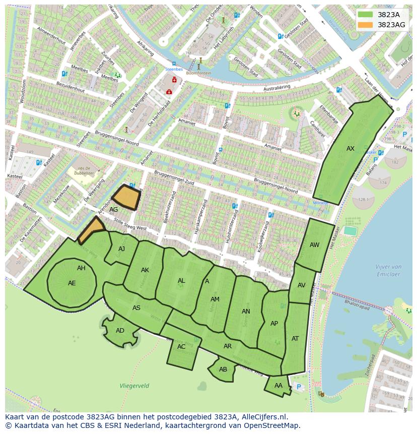 Afbeelding van het postcodegebied 3823 AG op de kaart.