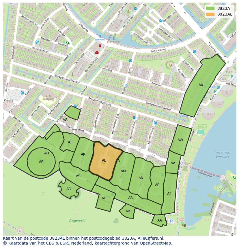 Afbeelding van het postcodegebied 3823 AL op de kaart.