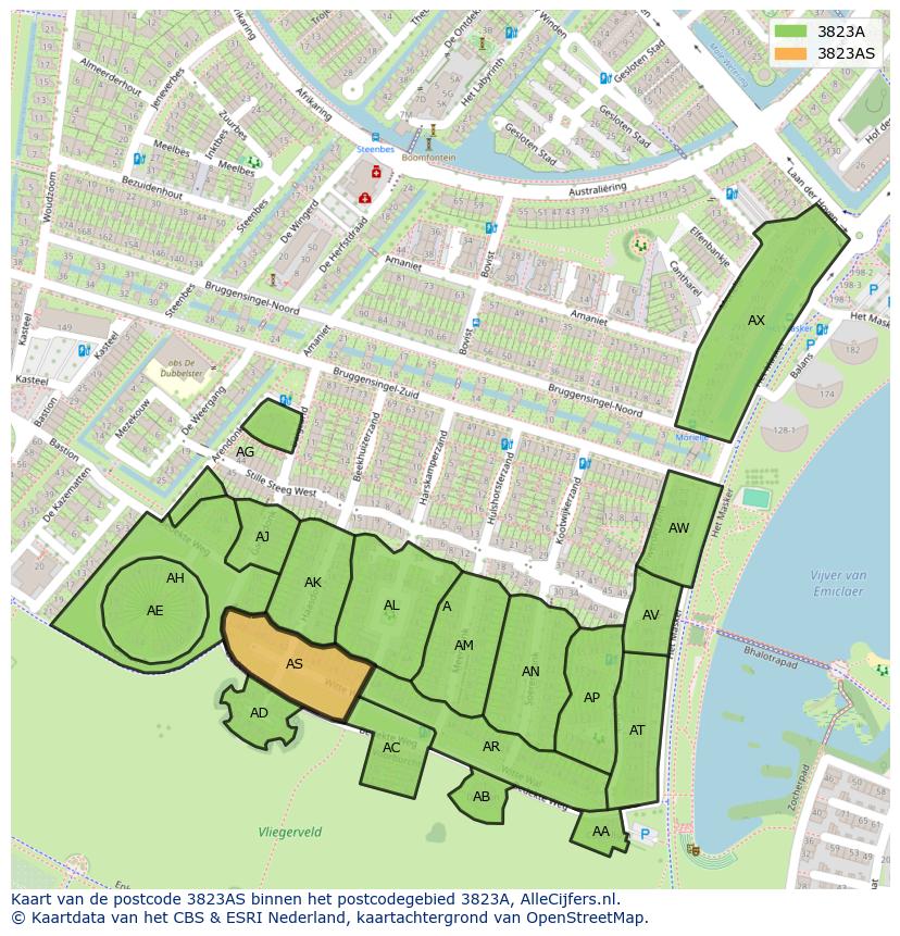 Afbeelding van het postcodegebied 3823 AS op de kaart.