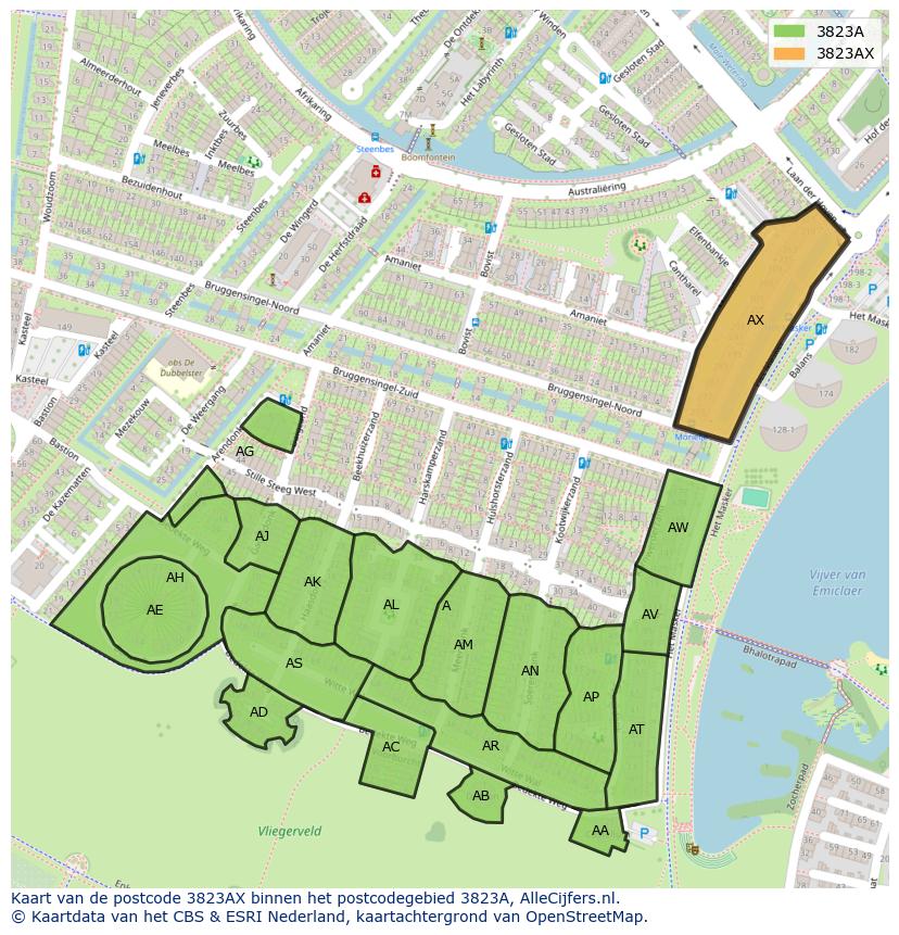 Afbeelding van het postcodegebied 3823 AX op de kaart.