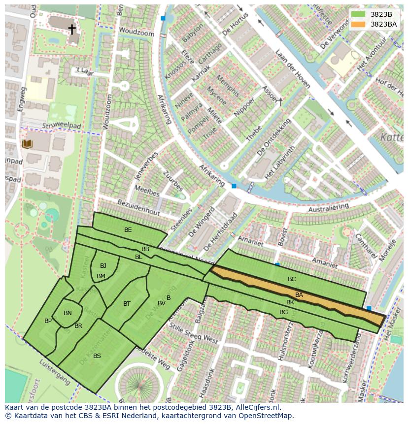 Afbeelding van het postcodegebied 3823 BA op de kaart.