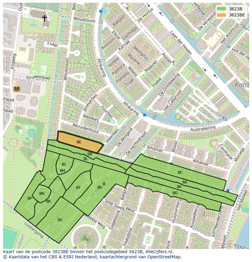 Afbeelding van het postcodegebied 3823 BE op de kaart.