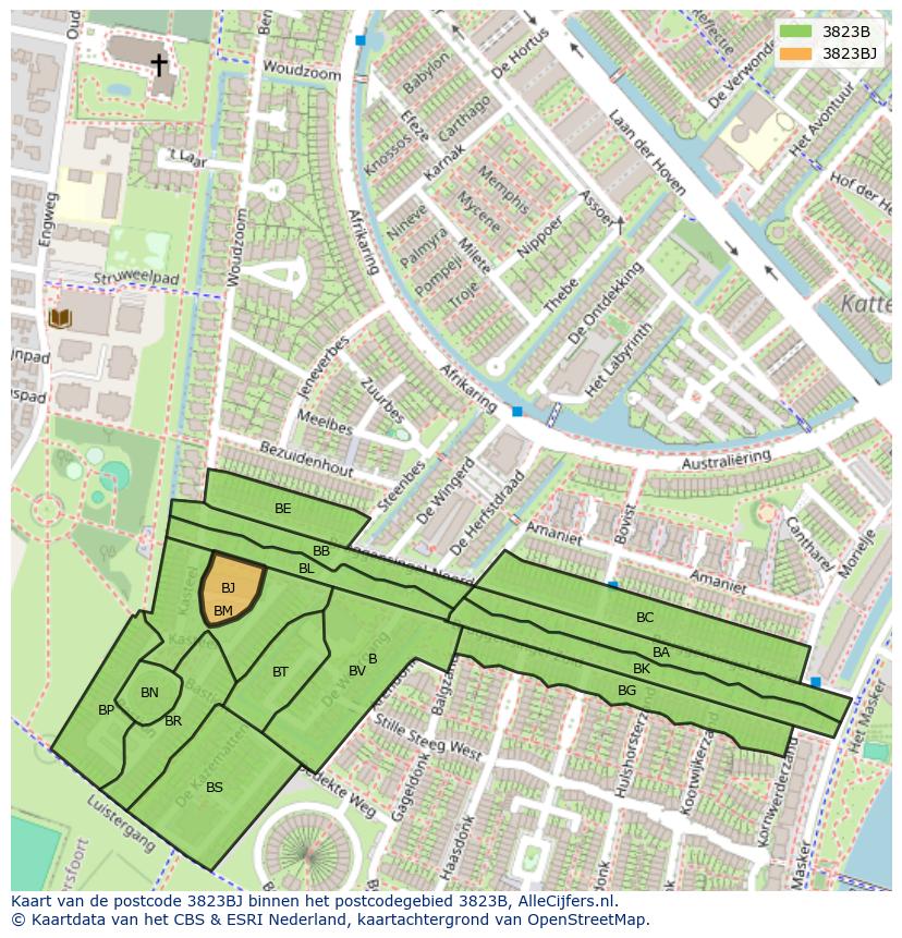 Afbeelding van het postcodegebied 3823 BJ op de kaart.