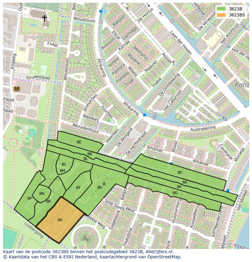 Afbeelding van het postcodegebied 3823 BS op de kaart.