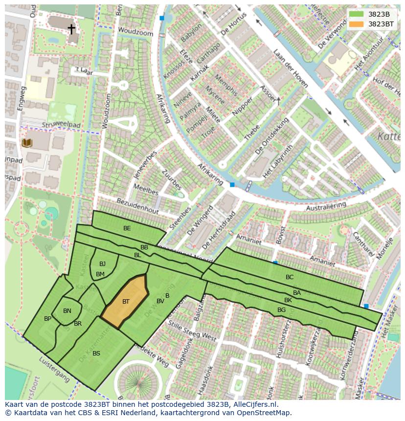 Afbeelding van het postcodegebied 3823 BT op de kaart.