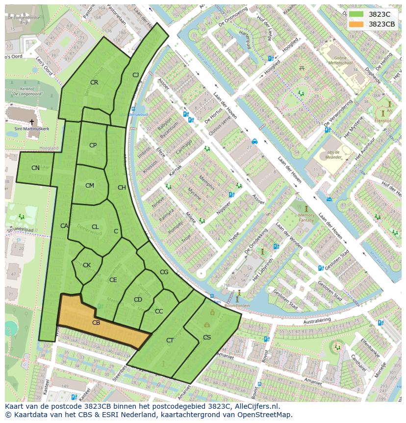 Afbeelding van het postcodegebied 3823 CB op de kaart.