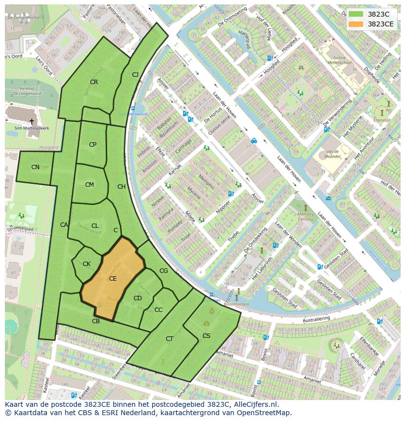 Afbeelding van het postcodegebied 3823 CE op de kaart.