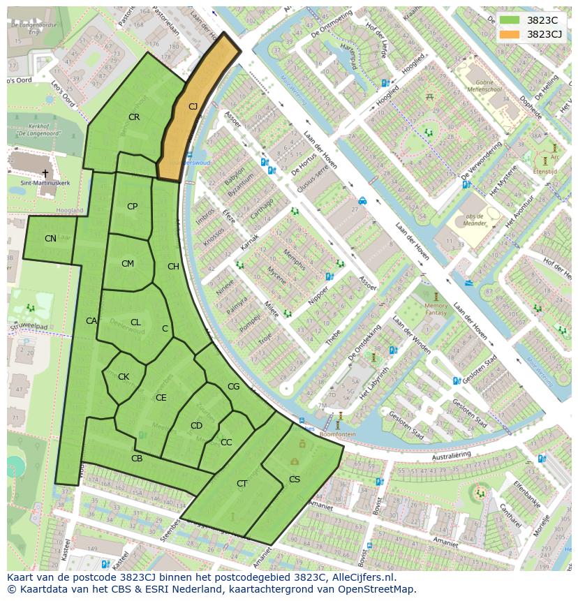 Afbeelding van het postcodegebied 3823 CJ op de kaart.