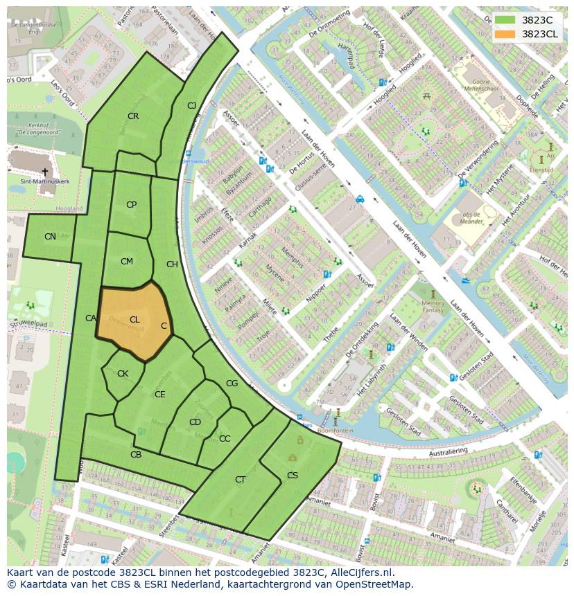 Afbeelding van het postcodegebied 3823 CL op de kaart.