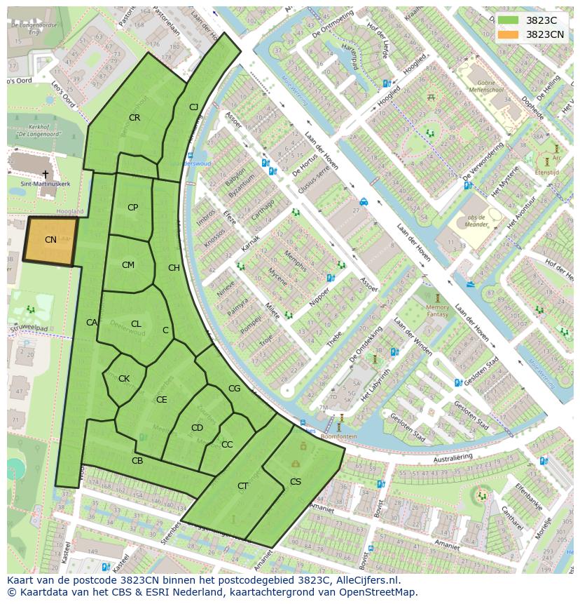 Afbeelding van het postcodegebied 3823 CN op de kaart.