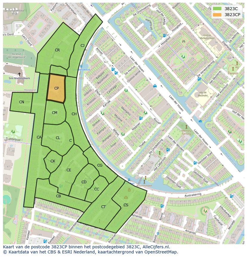 Afbeelding van het postcodegebied 3823 CP op de kaart.