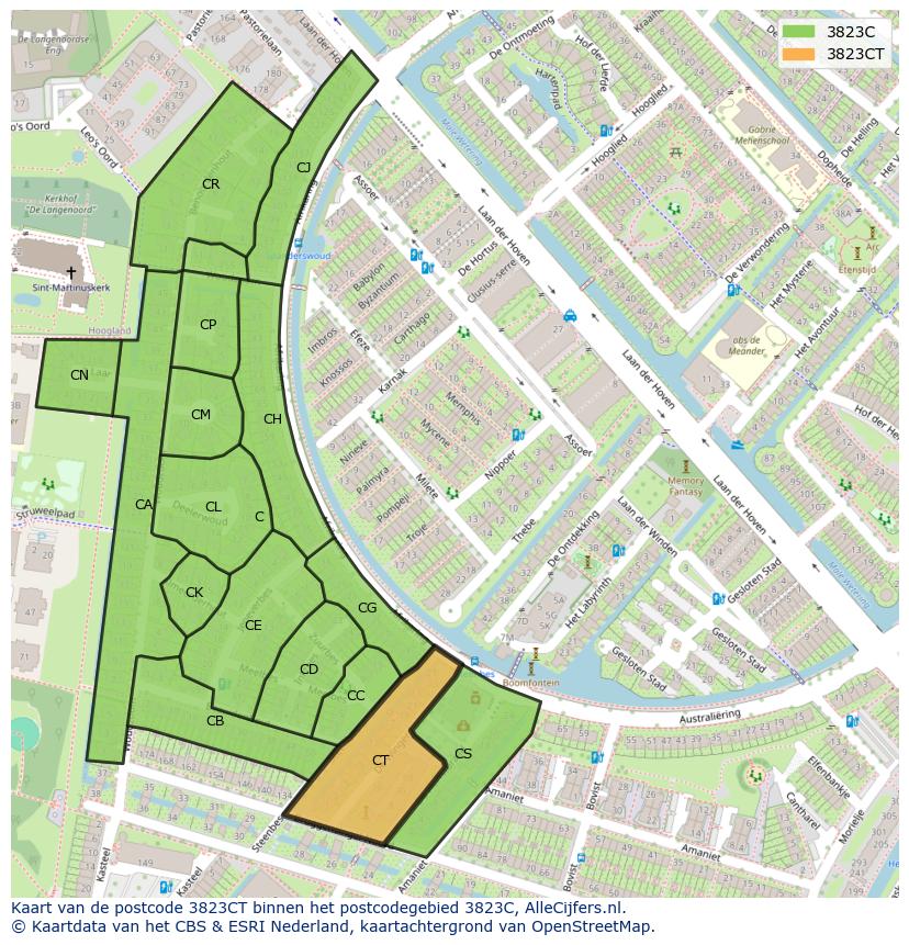 Afbeelding van het postcodegebied 3823 CT op de kaart.