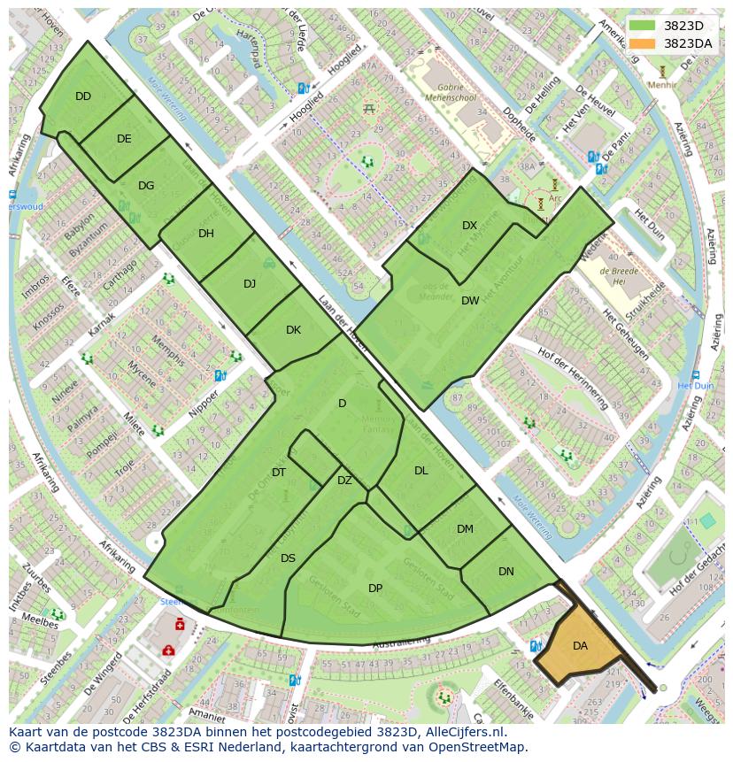 Afbeelding van het postcodegebied 3823 DA op de kaart.