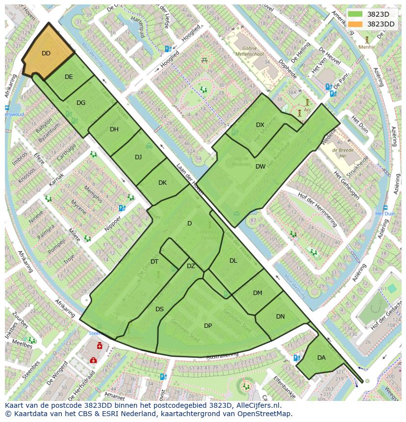 Afbeelding van het postcodegebied 3823 DD op de kaart.