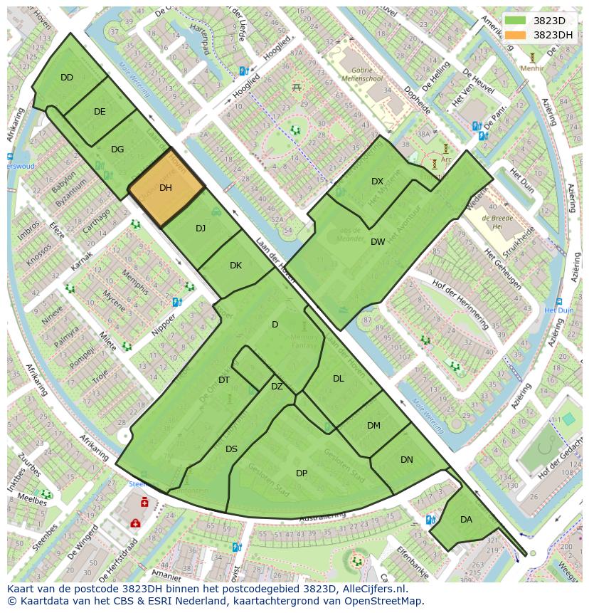 Afbeelding van het postcodegebied 3823 DH op de kaart.
