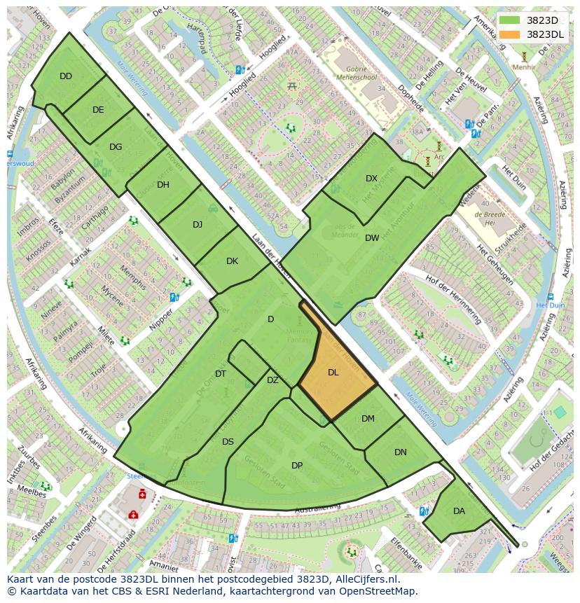 Afbeelding van het postcodegebied 3823 DL op de kaart.