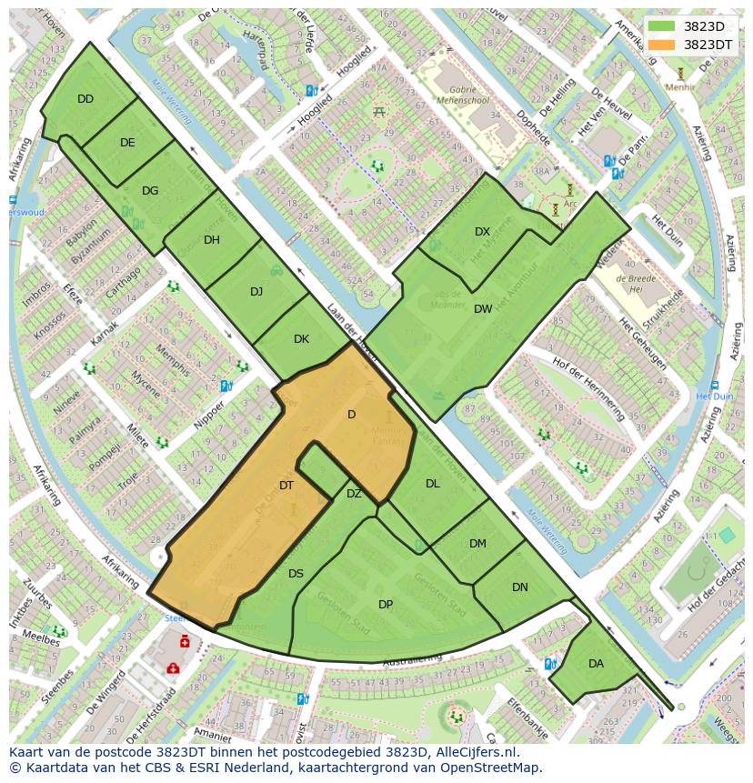 Afbeelding van het postcodegebied 3823 DT op de kaart.