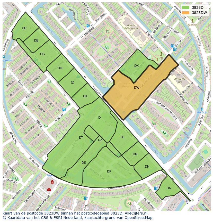Afbeelding van het postcodegebied 3823 DW op de kaart.