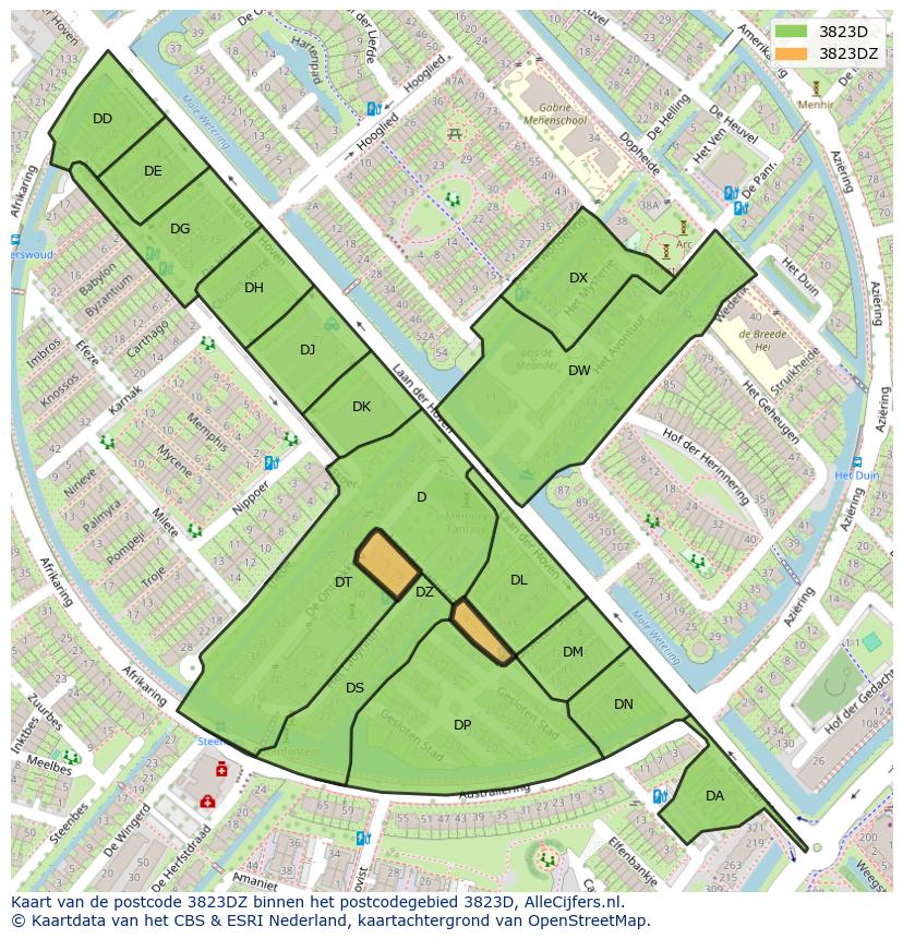 Afbeelding van het postcodegebied 3823 DZ op de kaart.