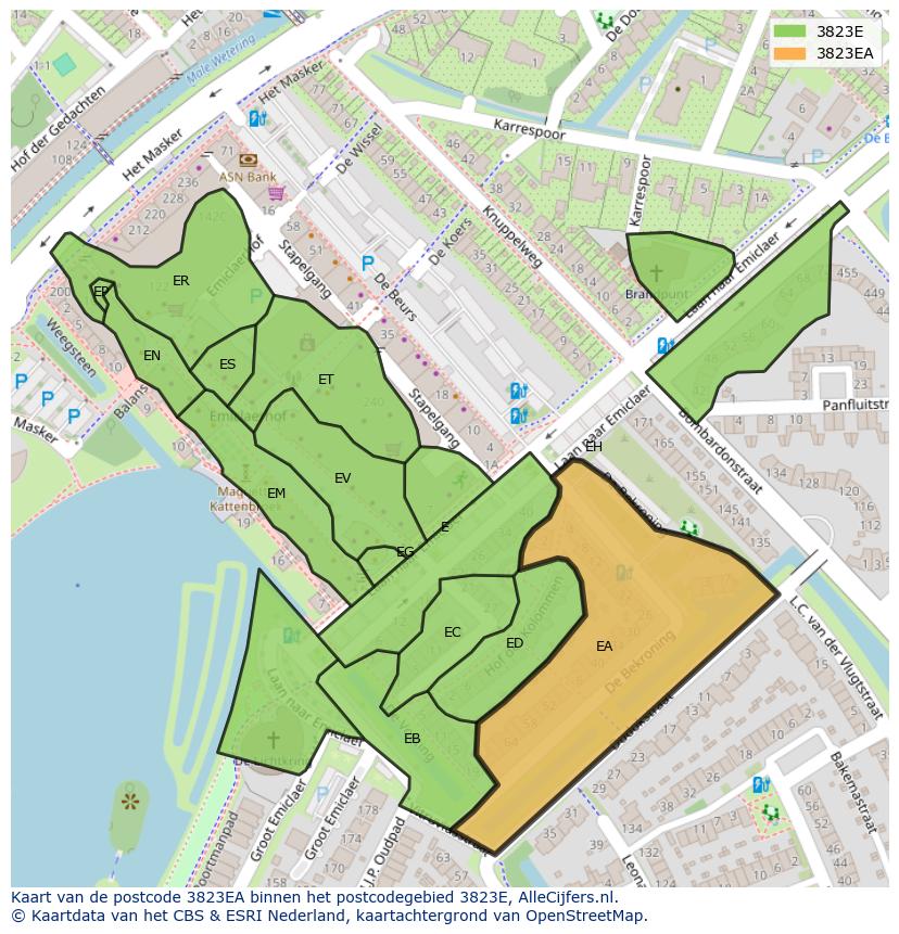 Afbeelding van het postcodegebied 3823 EA op de kaart.