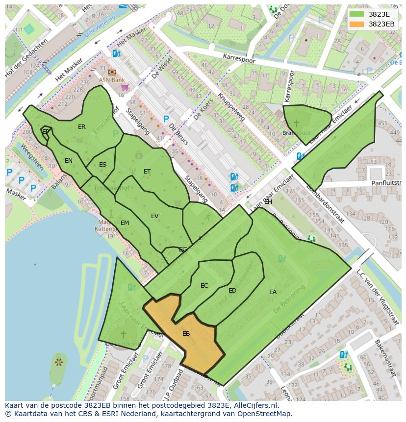 Afbeelding van het postcodegebied 3823 EB op de kaart.