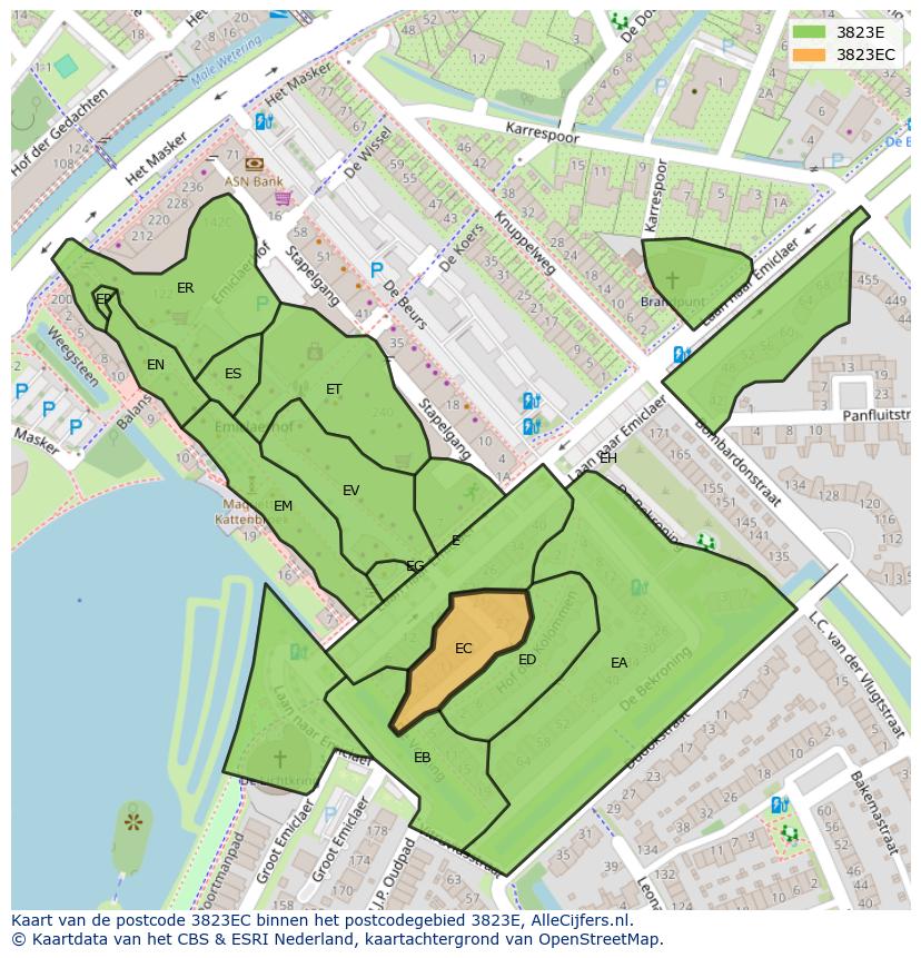 Afbeelding van het postcodegebied 3823 EC op de kaart.