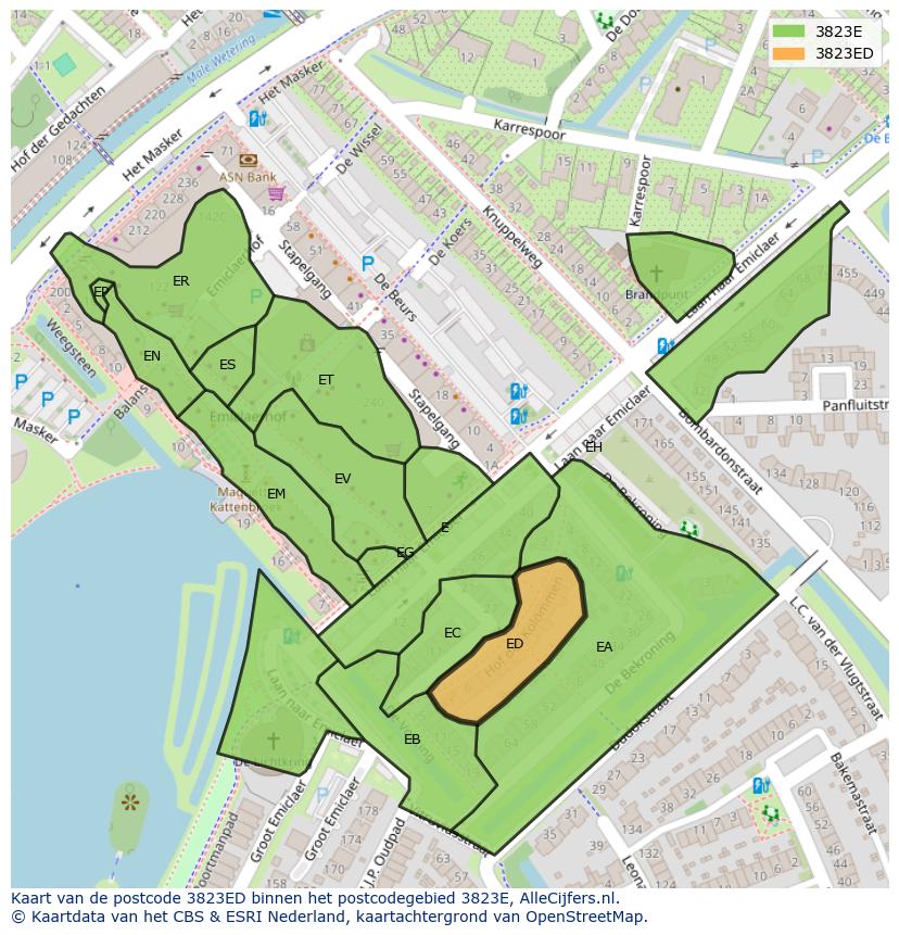 Afbeelding van het postcodegebied 3823 ED op de kaart.