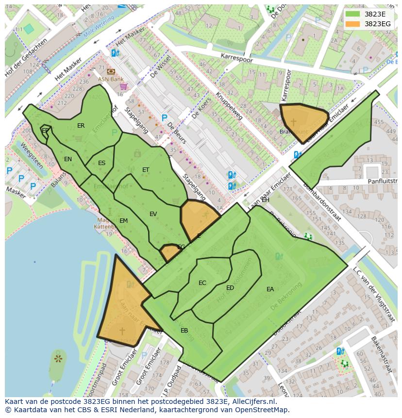 Afbeelding van het postcodegebied 3823 EG op de kaart.